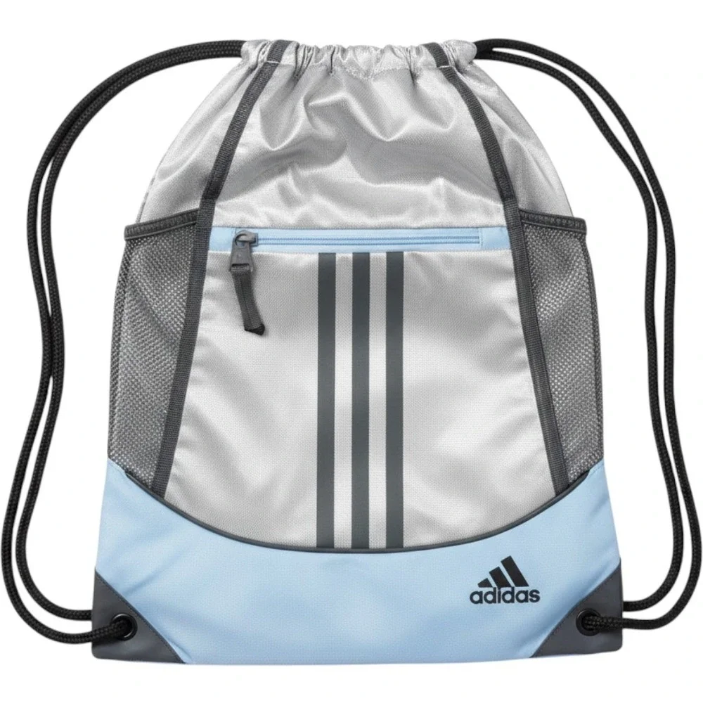 Adidas Alliance Drawstring Backpack Silver Blue OS Three Stripe Cinch Bag